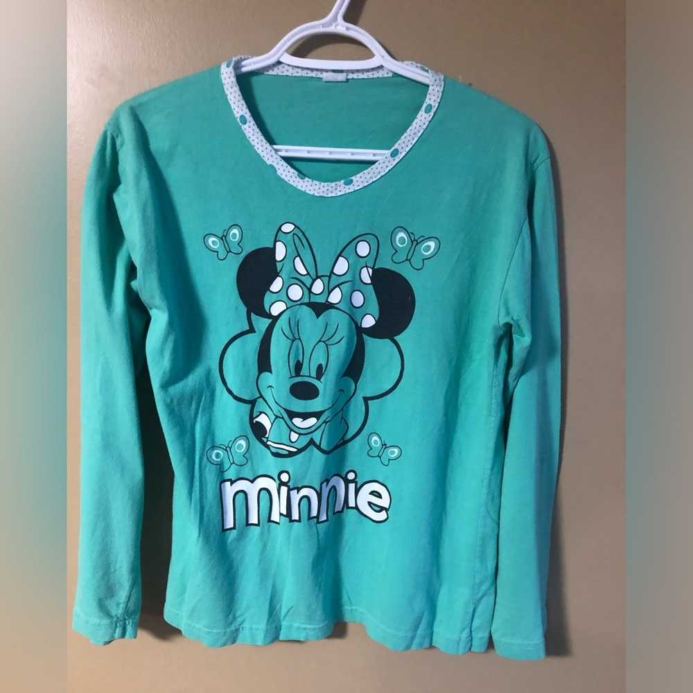 Disney Minnie Mouse Green Black White Long Sleeve PJ Top